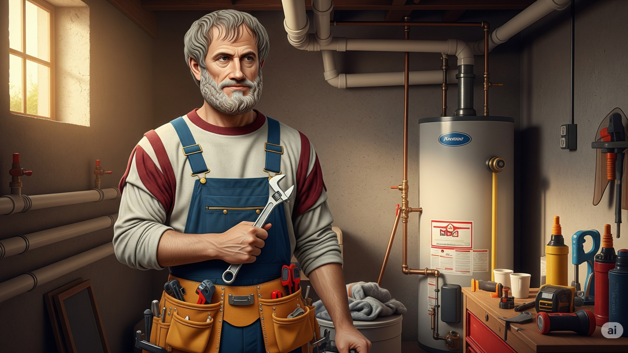 An AI generated image of Aristotle as a plumber.